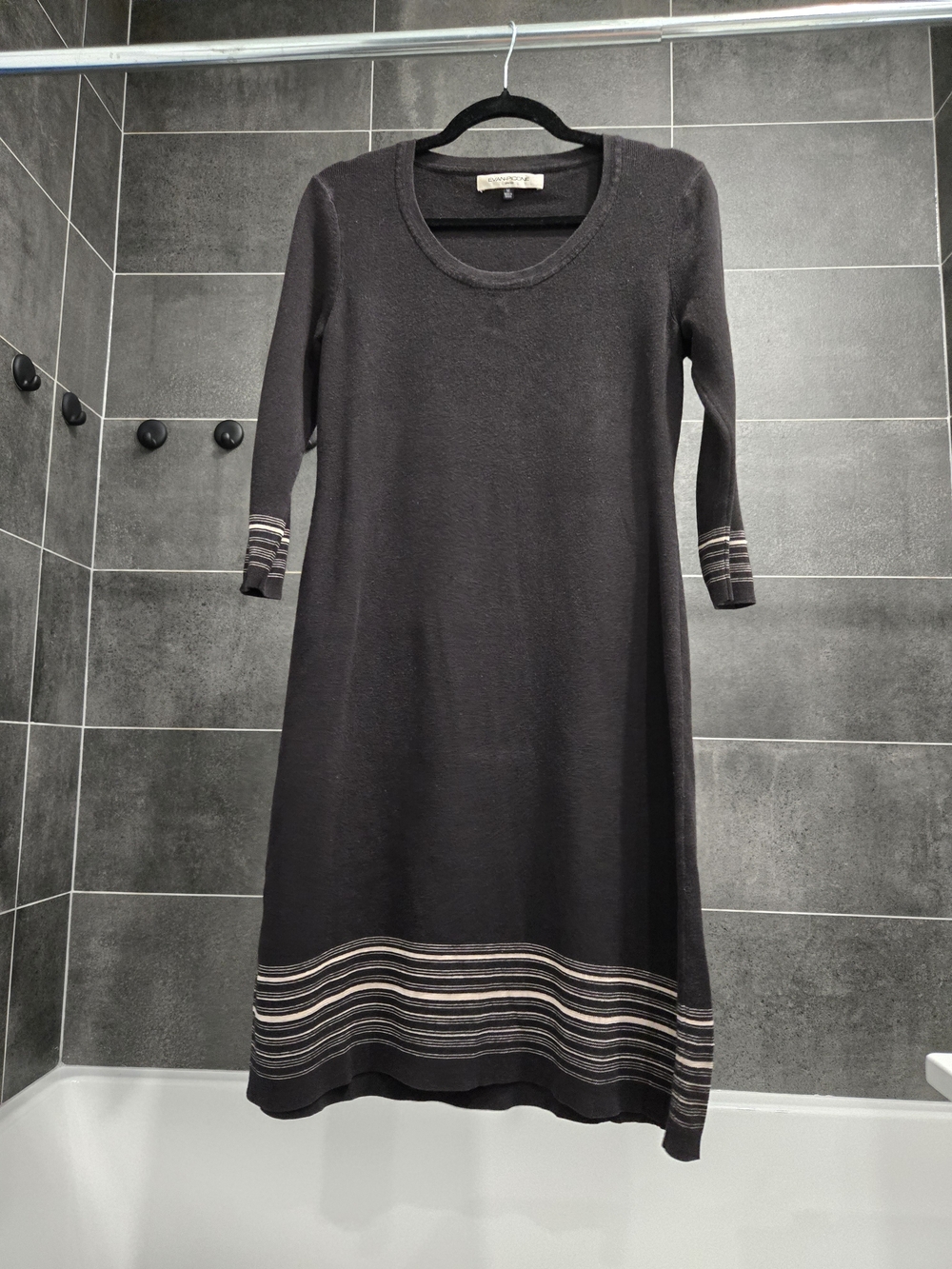 Black Women’s Knit Dress with Striped Hem and Sleeves